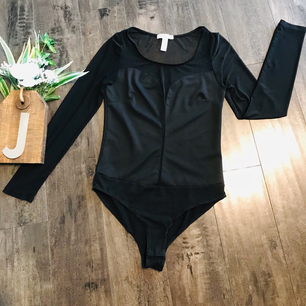 Ambiance Apparel Black Body Suit w/Sheer neck and sleeve